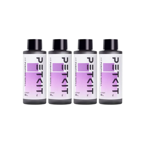 Vier PETKIT Air Purifying Refill flessen in zwart met paars etiket.