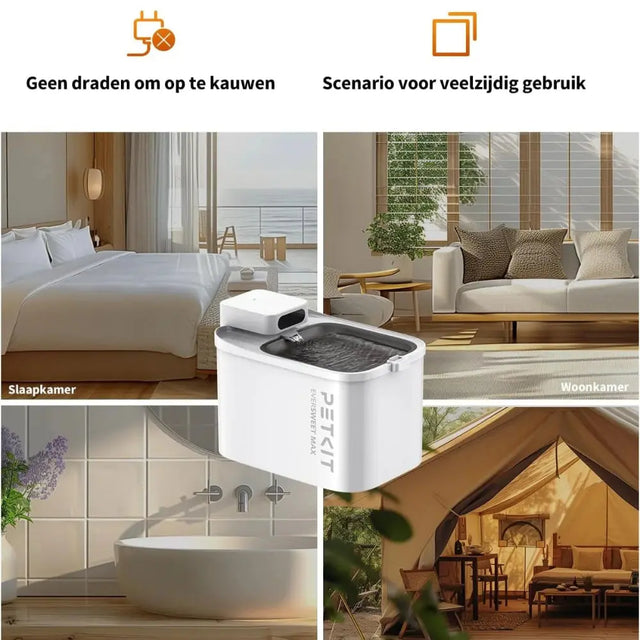 de petkit eversweet max kan 83 mee op batterijen en heeft geen draden waar katten aan kunnen knauwen. Je kan de drinkfontein dus plaatsen waar je wilt.