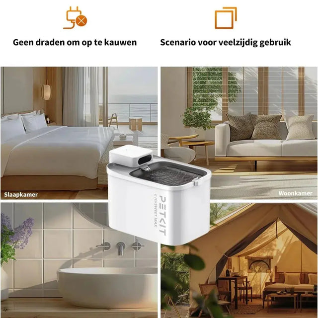 de eversweet max van petkit is een draadkloze drinkfontein die je overal kan plaatsen