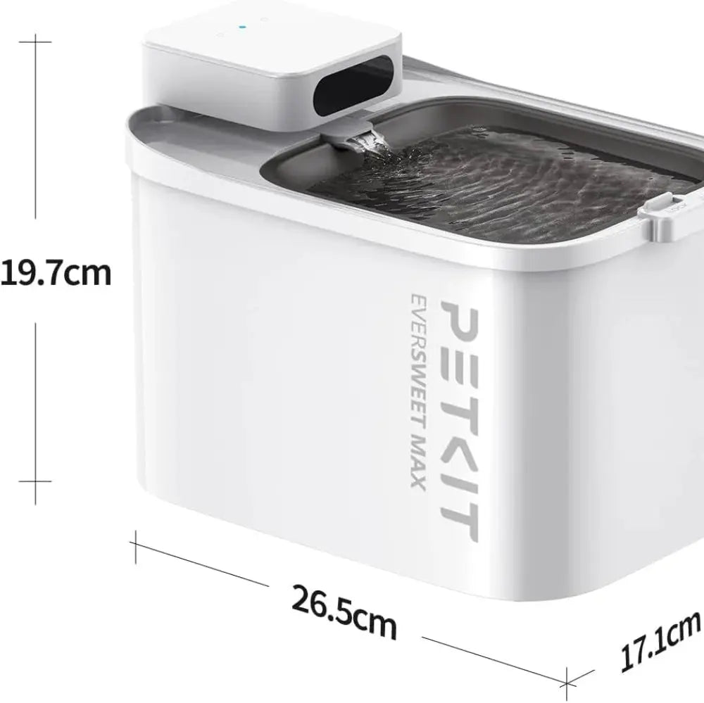 afmetingen van de petkit eversweet max. een drinkfontein van 17 bij 26 bij 19 cm meet