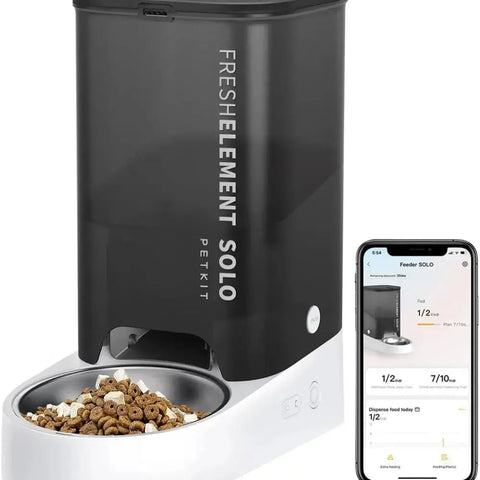 petkit fresh element solo, een voerbak die automatisch voer uitdeelt aan honden of katten werkt met een app
