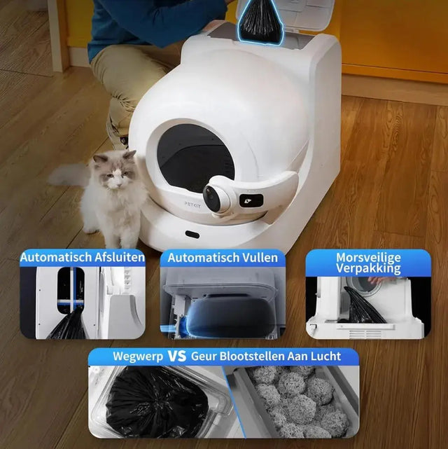 de petkit automatische kattenbak purobot ultra is volledig automatisch oa voor het afsluiten van de zakken en het vullen van de afvalzak.