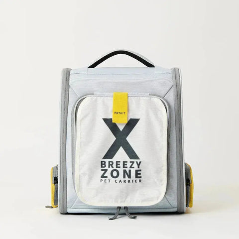 Vooraanzicht PETKIT Breezy XZone huisdierdrager rugzak in grijs en geel met mesh ventilatie.