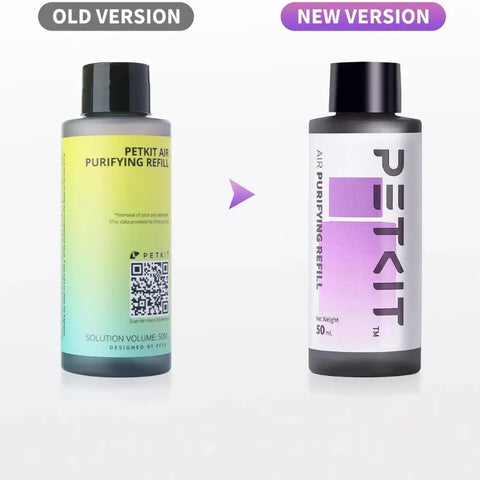 Oude versie van PETKIT refill naast de nieuwe paarse versie.