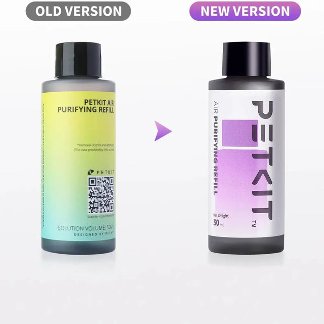 Oude versie van PETKIT refill naast de nieuwe paarse versie.