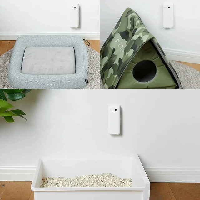 de geurverwijderaar kan op verschillende plekken opgehangen worden. naast een kattenbak, huisdierbed of -tent