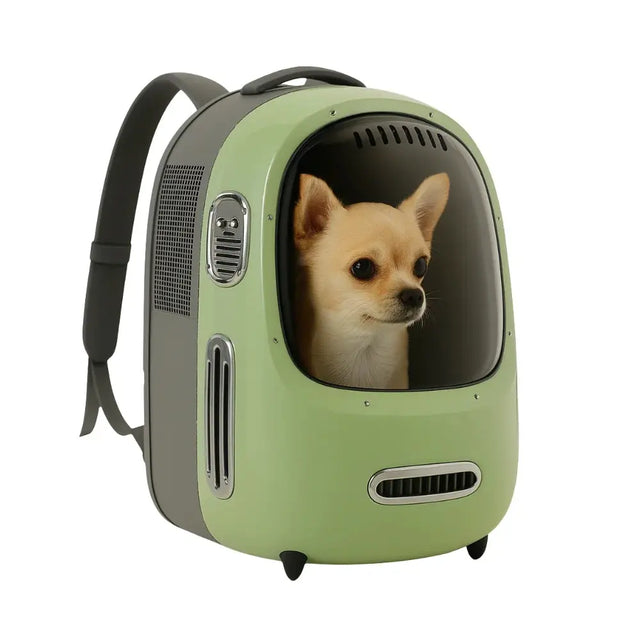groene petkit breezy honden draagtas met klein hondje in de tas