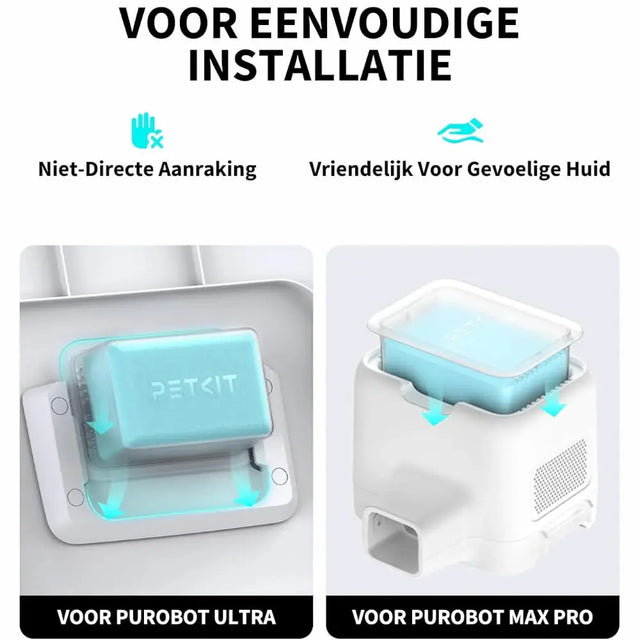 de geurverwijderaar is zo ontworpen dat je het eenvoudig zonder direct aanraking in de automatische kattenbak kan plaatsen