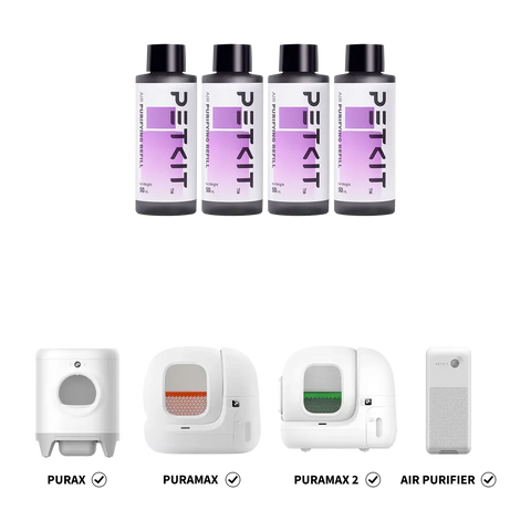 Drie PETKIT navulflessen getoond naast compatibele luchtreinigers.