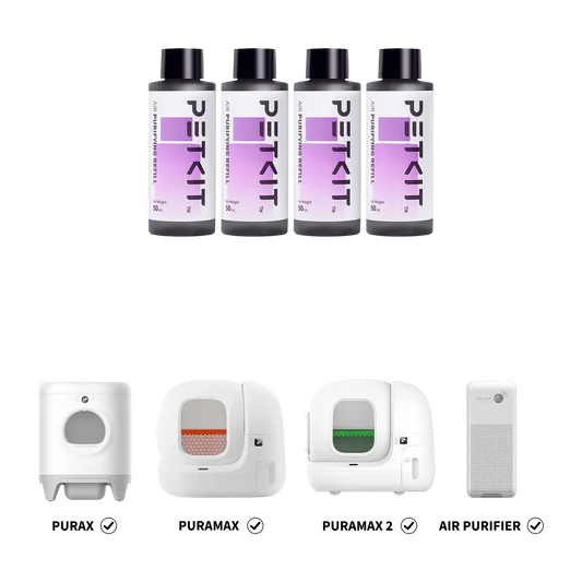 Drie PETKIT navulflessen getoond naast compatibele luchtreinigers.