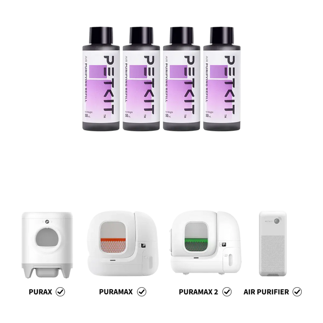 Drie PETKIT navulflessen getoond naast compatibele luchtreinigers.