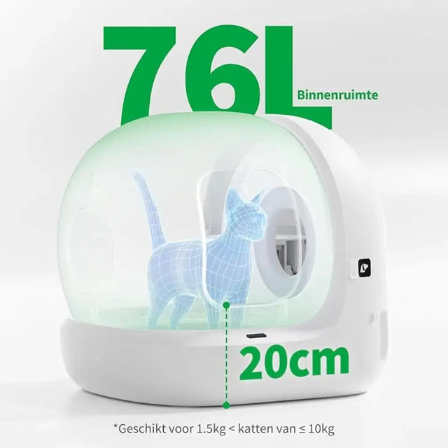 de automatische kattenbak petkit puro max2 heeft een binnenruimte van 76liter en een lage instap van 20cm