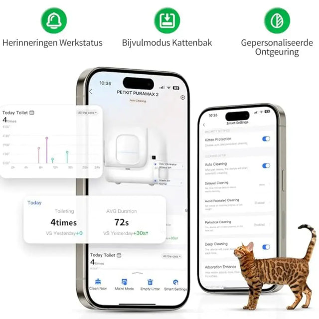 met de petkit app kun je deze kattenbak automatisch instellen. Het puramax 2 model werkt met herinneringen en bijvulmodus.