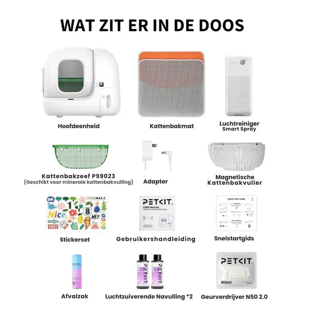 hier zie je wat er allemaal bij je bestelling van de petkit max 2 zit. een alles in 1 pakket zodat je direct aan de slag kan