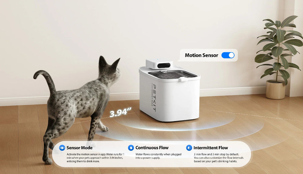 met de petkit eversweet max laten de sensoren de waterfontein automatisch aangaan zodra de kat dichtbij komt
