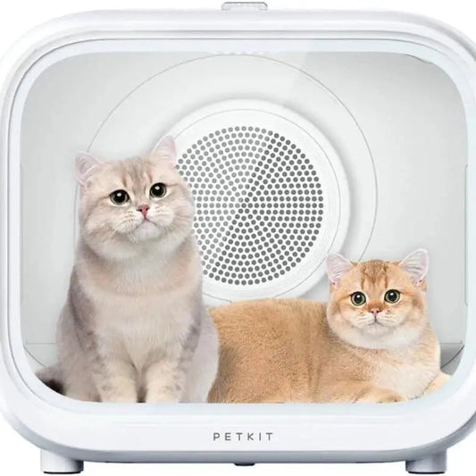 Twee katten in een witte PETKIT droogcabine met smartphone-app bediening.