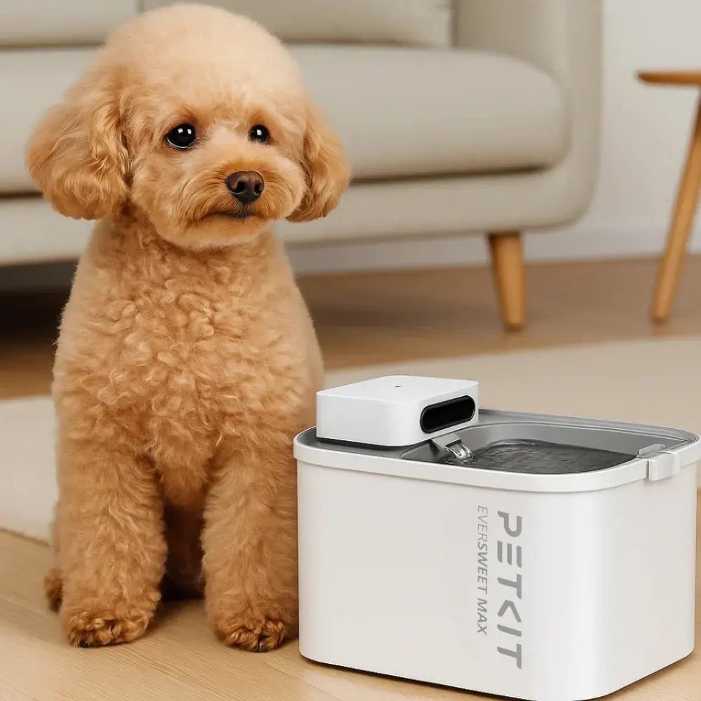 hond zit naast een petkit drinkfontein eversweet max 3liter inhoud