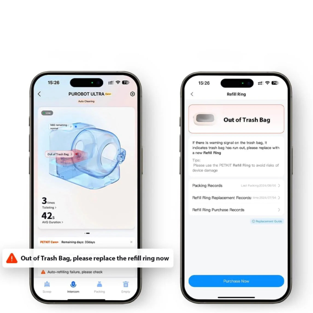 de PETKIT Purobot Ultra is een automatische kattenbak die werkt met een app. De app laat zien wanneer de vuilniszakken op zijn.