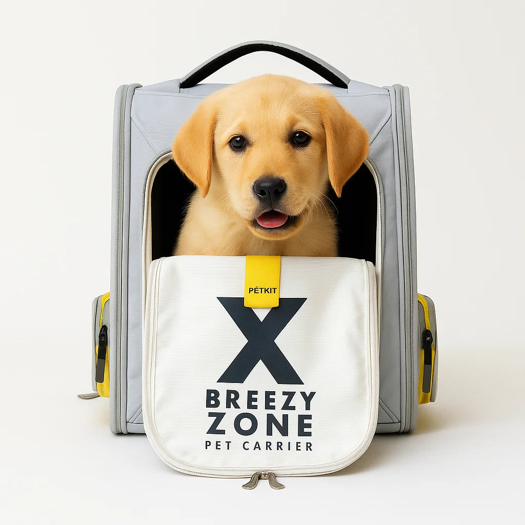 golden retriever pup in een petkit grijze honden draagtas