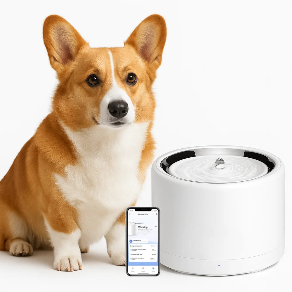 hond zit naast een petkit drinkfonteintje eversweet pro 3