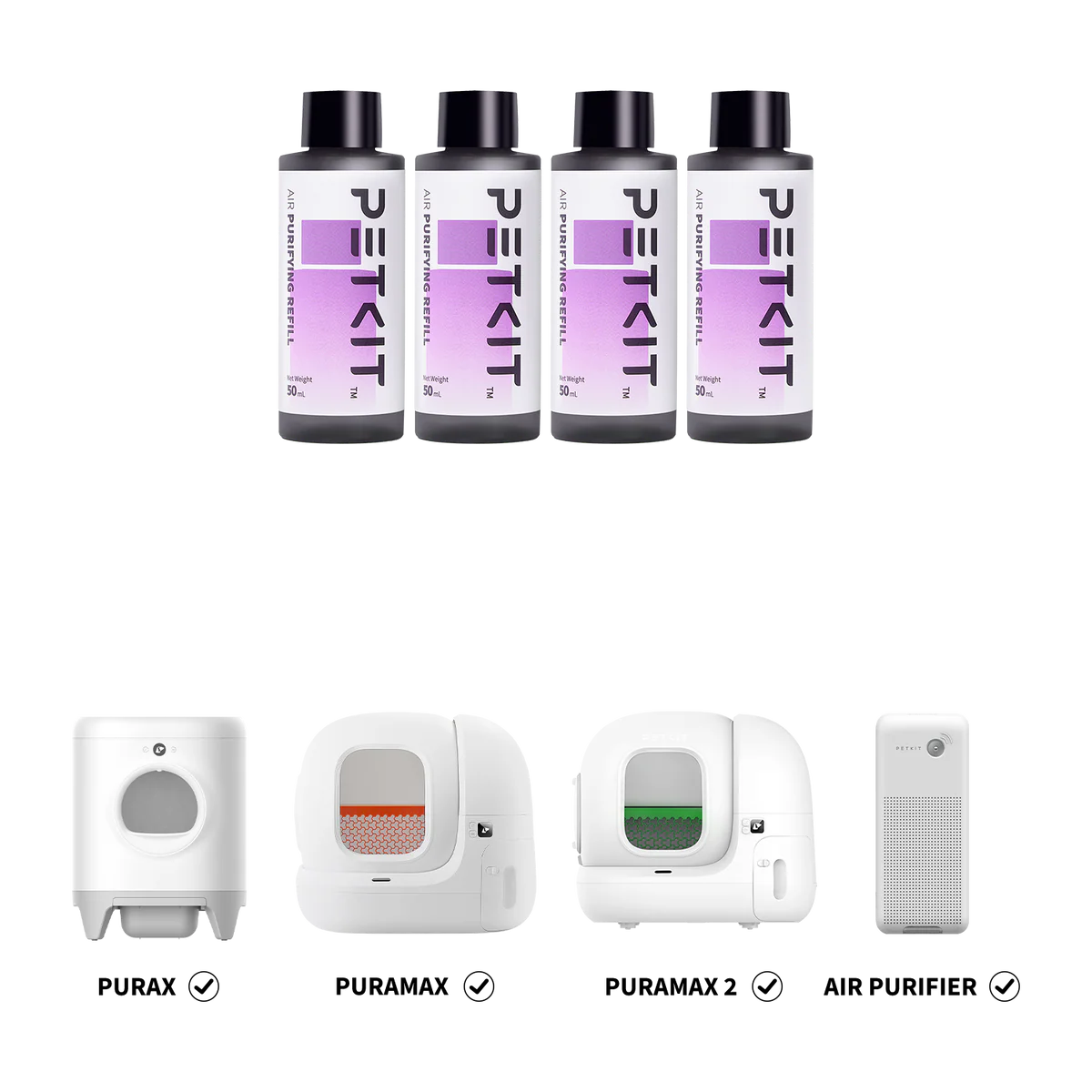 Drie PETKIT navulflessen getoond naast compatibele luchtreinigers.