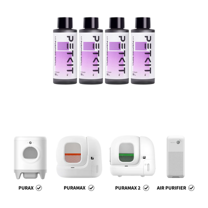 Drie PETKIT navulflessen getoond naast compatibele luchtreinigers.