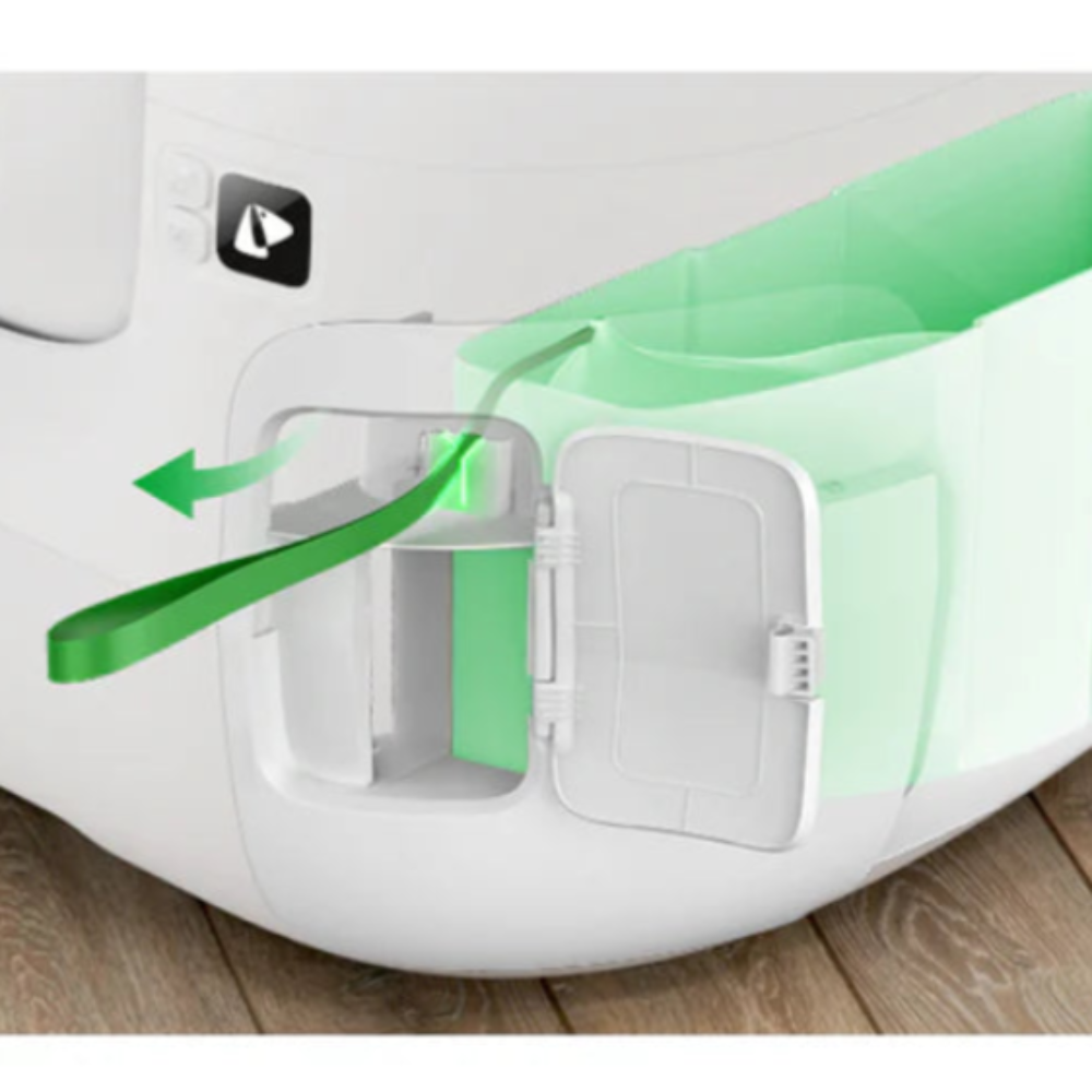 vuilniszaksysteem van petkit purobot max pro.met trekkoord haal je het kattenbakgrind uit de automatische kattenbak